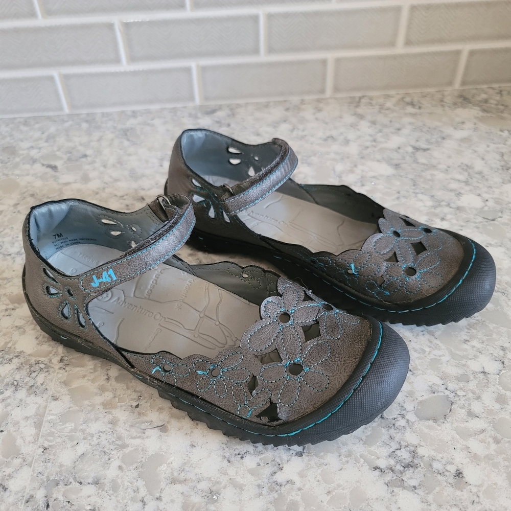 Women's Jeep J-41 Wildflower Gray & Teal Mary Janes Sandals Sz: 7M